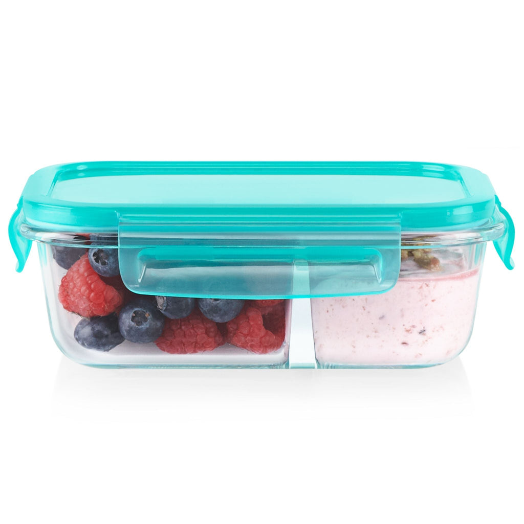 Pyrex® MealBox™ 2.3-cup Divided Glass Food Storage Container with Turquoise Lid