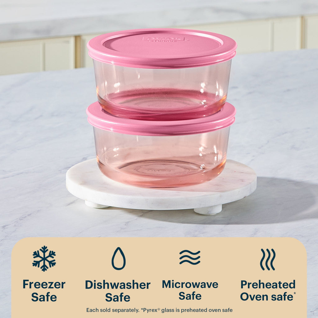 Pyrex® Simply Store® Tinted Glass 4-cup Round Storage Container with Lid, Pink