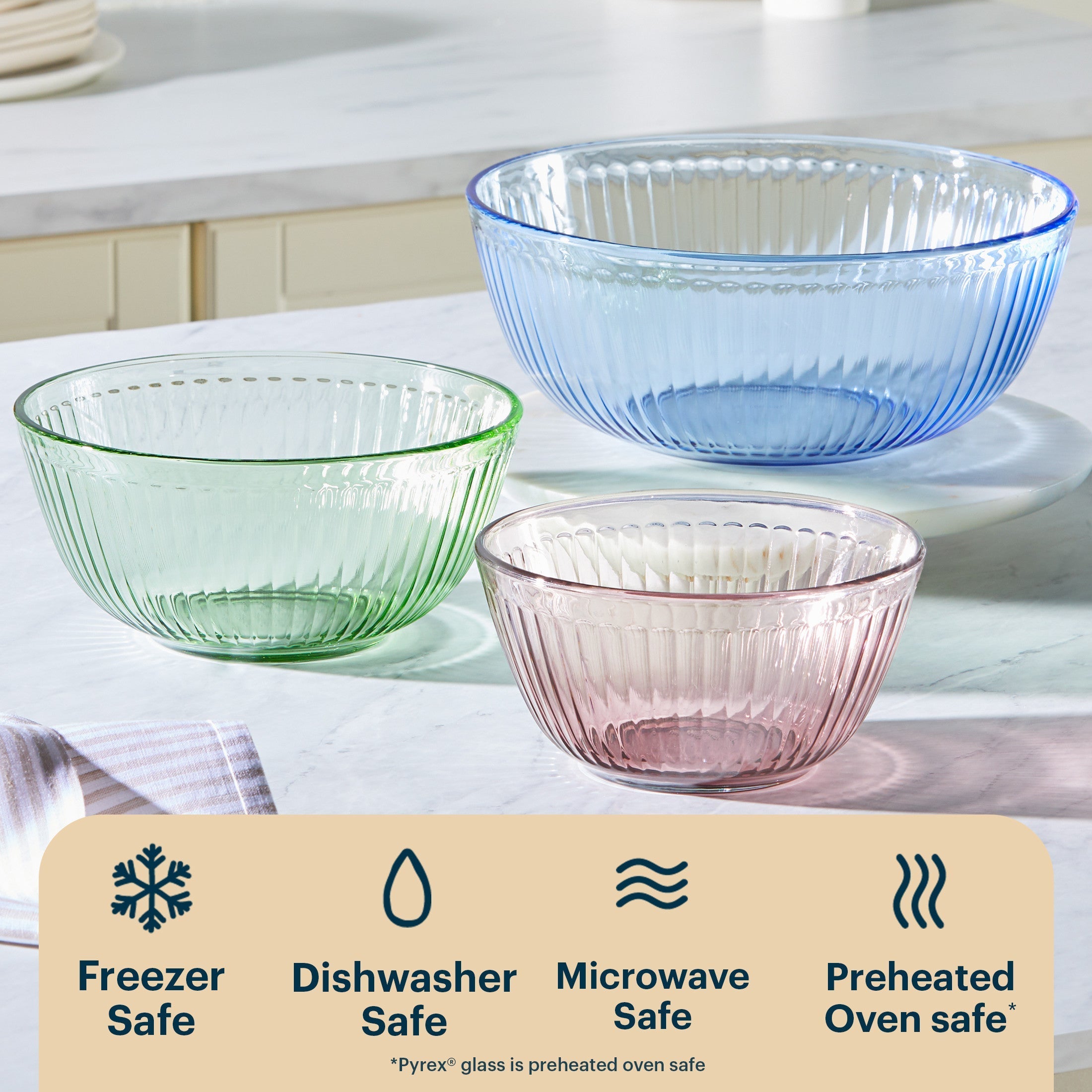 Pyrex® Colors Sculpted Tinted 3-piece Mixing Bowl Set, No Lid (Pink,Green,Blue)