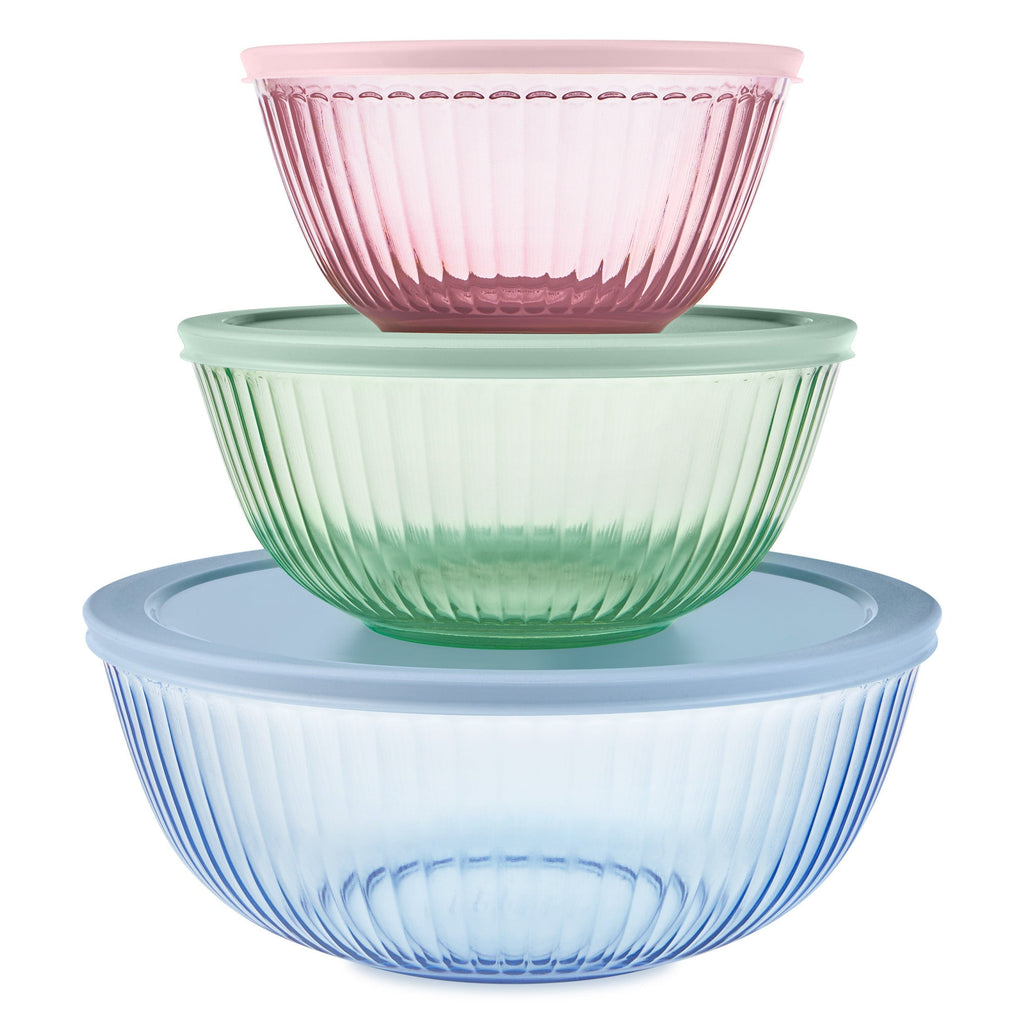 Pyrex® Sculpted Tinted Glass Mixing Bowls with Lids, 6-pc Set, Mixed Colors