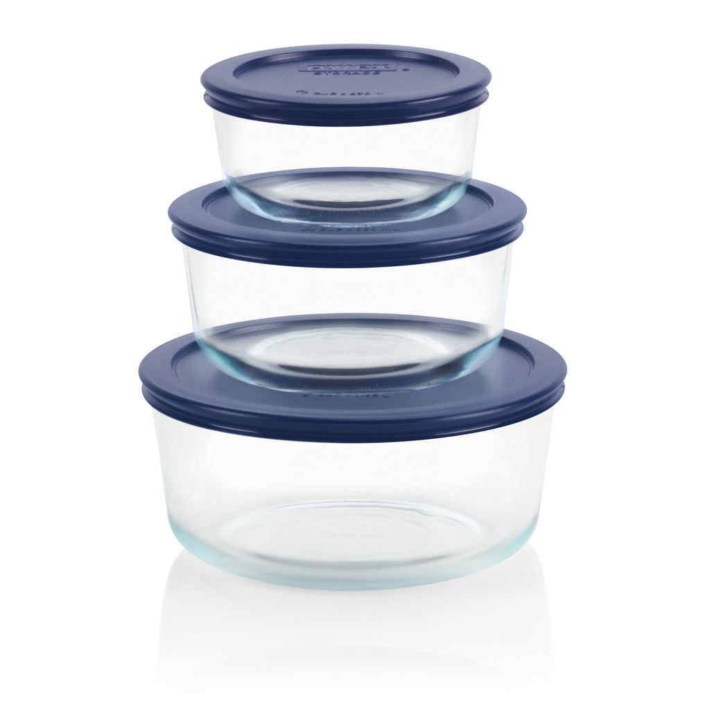 Pyrex® Simply Store® 6-piece Round Glass Food Storage Container Set with Blue Lids