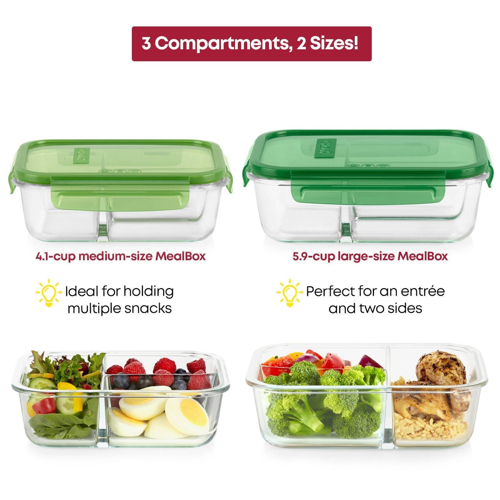 Pyrex® MealBox™ 4-cup Divided Glass Food Storage Container with Green Lid