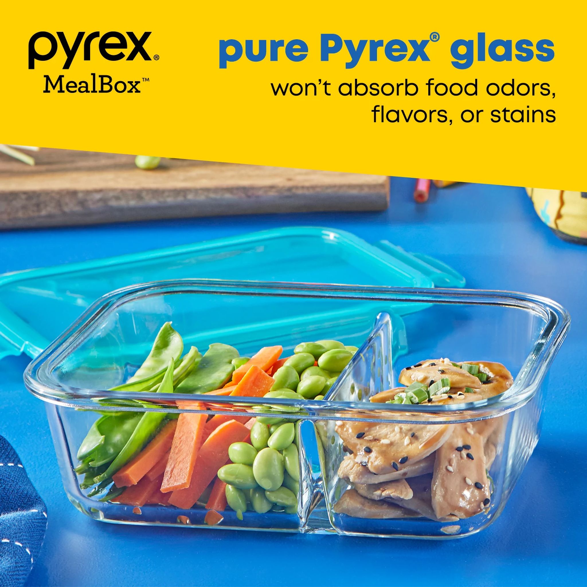 Pyrex® MealBox™ 2.3-cup Divided Glass Food Storage Container with Turquoise Lid