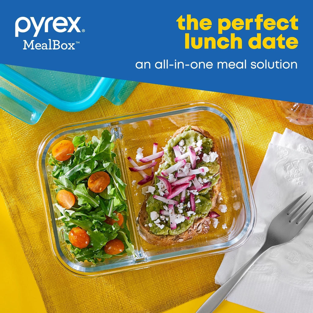 Pyrex® MealBox™ 4-cup Divided Glass Food Storage Container with Turquoise Lid