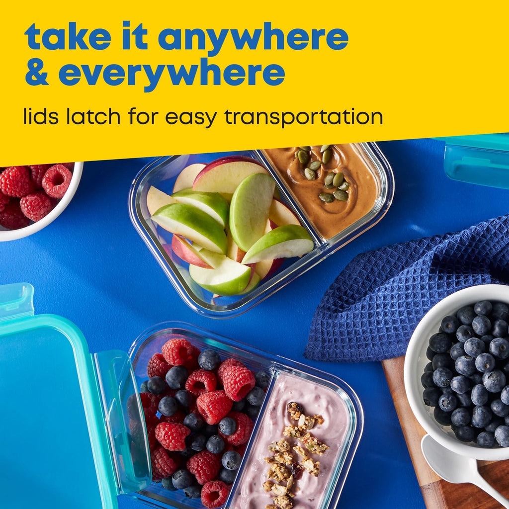 Pyrex® MealBox™ 4-cup Divided Glass Food Storage Container with Turquoise Lid