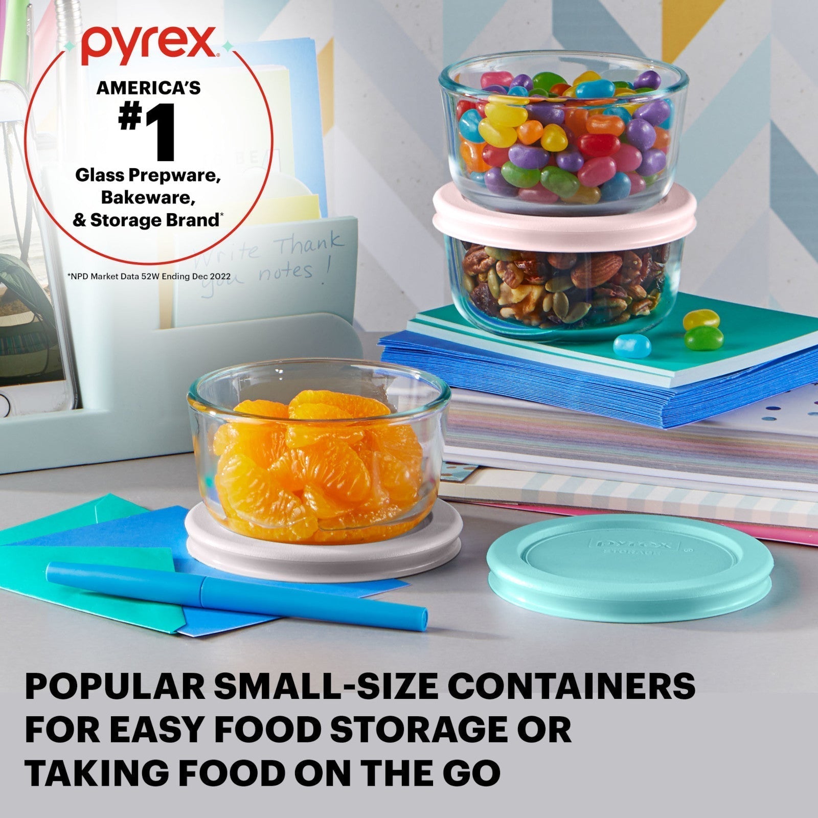 Pyrex® Simply Store® 6-piece 1-cup Round Glass Storage Set with Assorted Color Lids